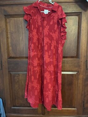 Umgee Red Floral Jacquard Midi Dress with Ruffle Sleeves